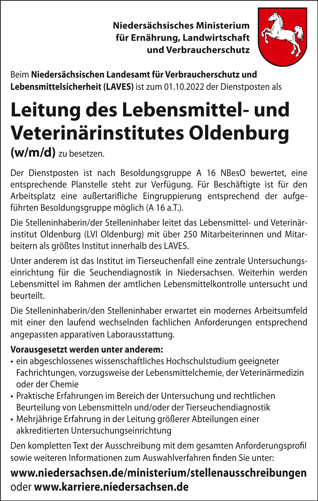 Leitung des Lebensmittel- und Veterinärinstitutes Oldenburg (m/w/d)